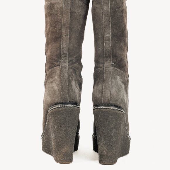 Yves Saint Laurent Grey Suede Shearling Platform Wedge Boot - Picture 3 of 10